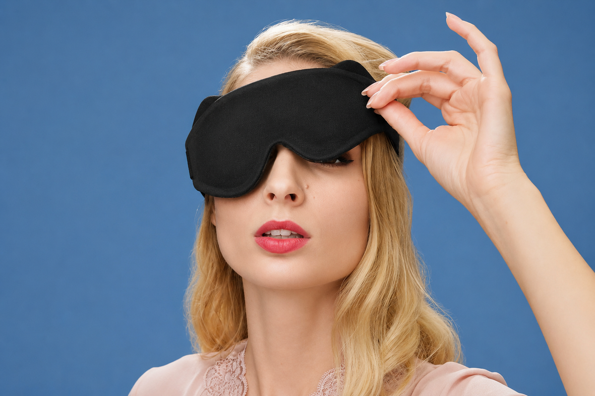 Blackout eye mask adjustable strap and breathable fabric detail