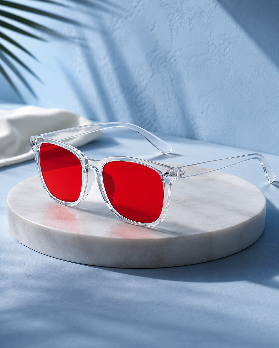 Migraine relief glasses worn on face, FL-41 rose-tinted lens view