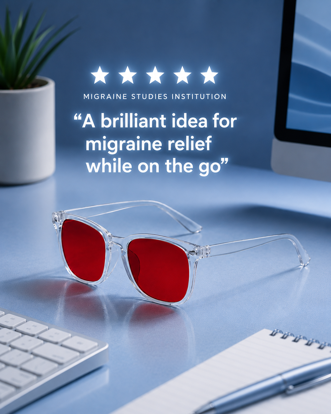 MigraineMend FL-41 migraine relief glasses in case, travel-friendly design