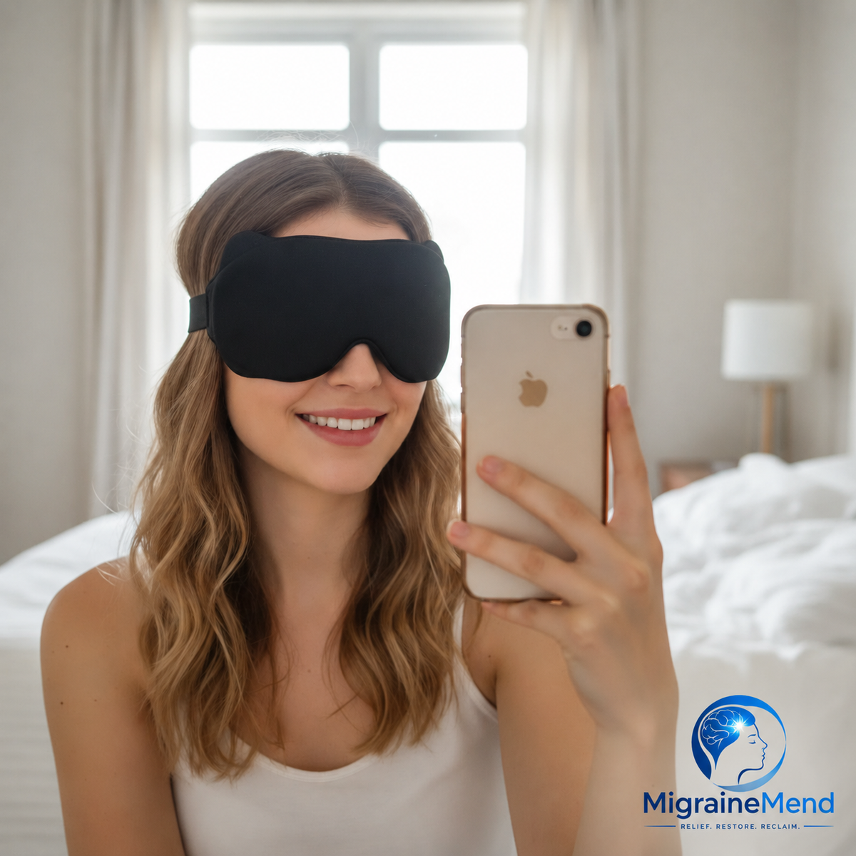 MigraineMend blackout eye mask worn during travel, blocking overhead light